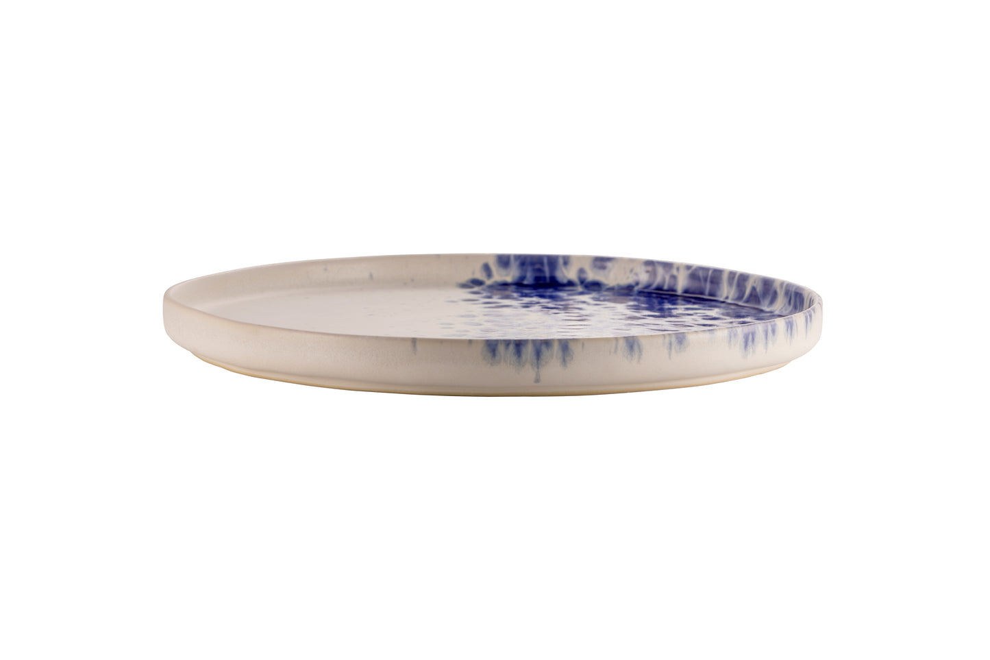 White charger plate with blue reactive dots 31cm