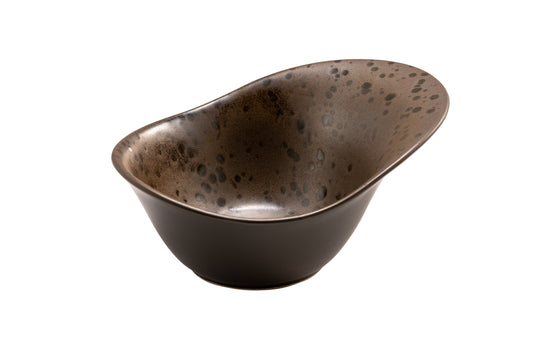 Brown oval petal bowl with rusty reactive dots 8cm