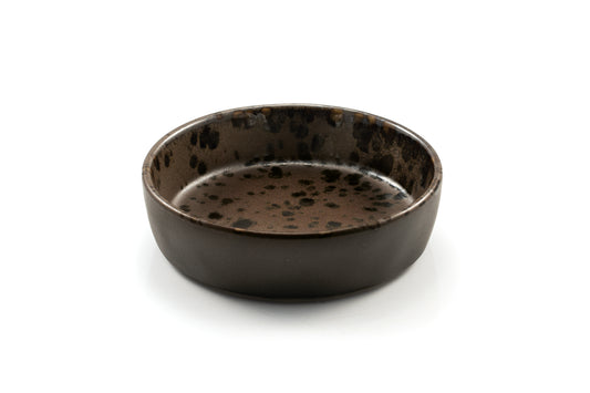 Brown crème brûlée ramekin with rusty reactive dots 12cm